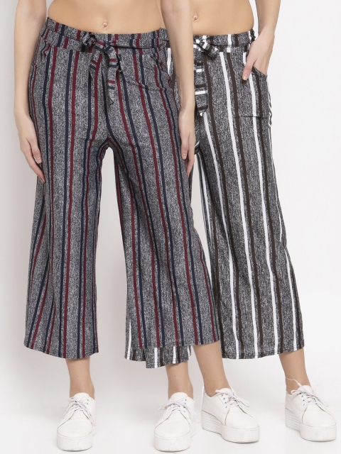 

KLOTTHE Women Pack Of 2 Striped Wide Leg Palazzos, Grey