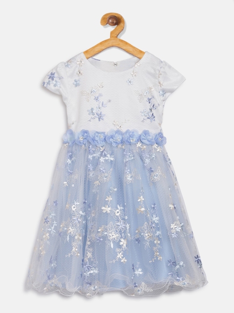 

Butterfly Blush Girls Blue & White Self Design Fit and Flare Dress