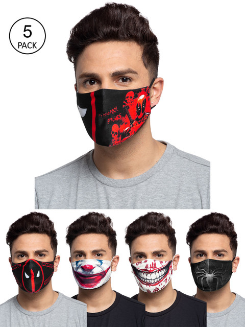 

TREEMODA Men Pack Of 5 Printed 3-Ply Reusable Cloth Masks, Black