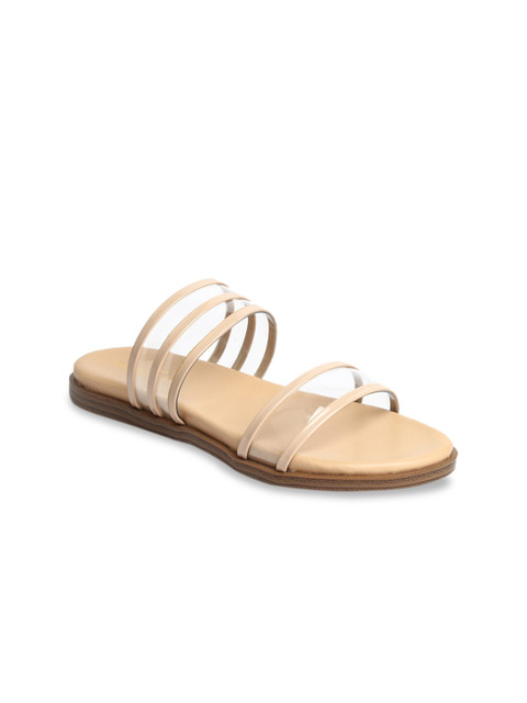 

VALIOSAA Women Cream-Coloured Striped Synthetic Patent Open Toe Flats