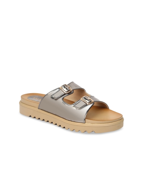 

VALIOSAA Women Grey Solid Synthetic Patent Open Toe Flats