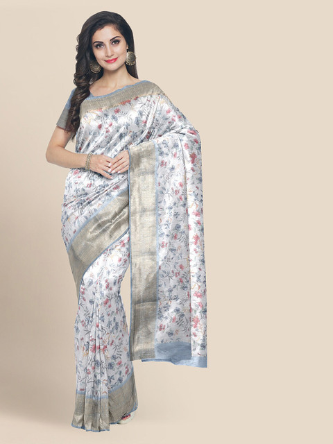 

KLM Fashion Mall White & Blue Silk Cotton Printed Banarasi Saree