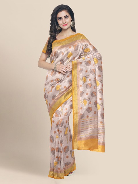 

KLM Fashion Mall Peach-Coloured & Brown Linen Blend Printed Banarasi Handloom Saree