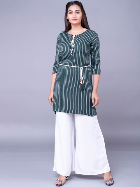

KLM Fashion Mall Women Green & White Boat Neck Striped Kurta