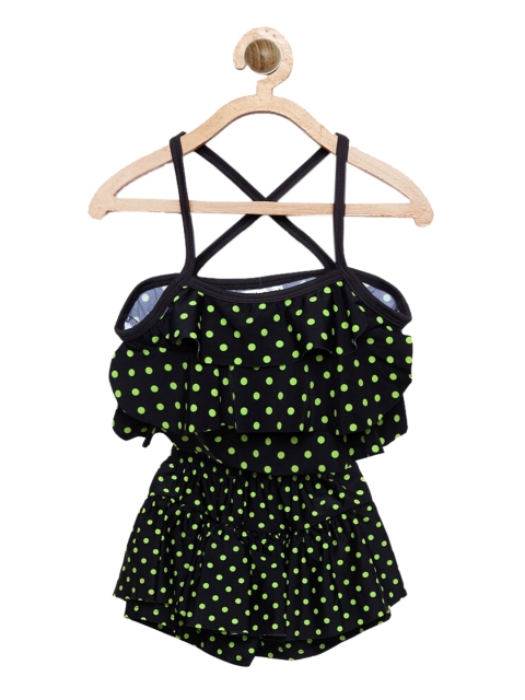 

CUKOO Girls Black & Lime-Green Polka Dot Printed Two-Piece Swim Set