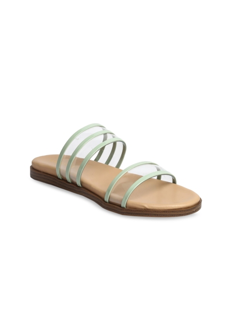 

VALIOSAA Women Green Solid Synthetic Patent Open Toe Flats