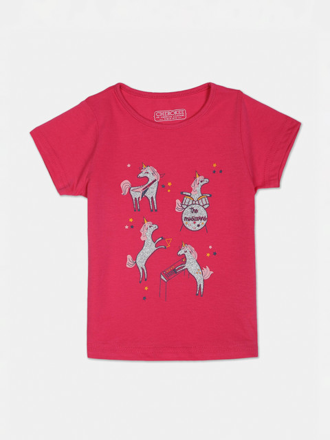 

Cherokee Girls Fuchsia Printed Round Neck T-shirt