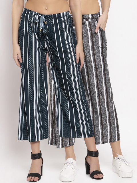 

KLOTTHE Women Pack of 2 Navy Blue & Grey Striped Wide Leg Palazzos