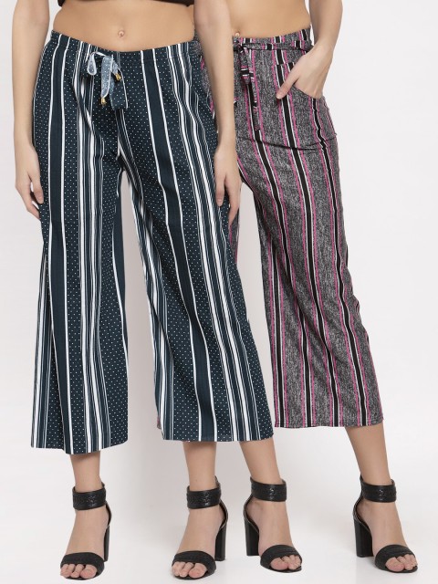 

KLOTTHE Women Pack of 2 Grey & Blue Striped Wide Leg Palazzos