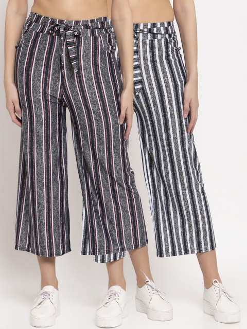 

KLOTTHE Women Pack Of 2 Striped Wide Leg Palazzos, Grey