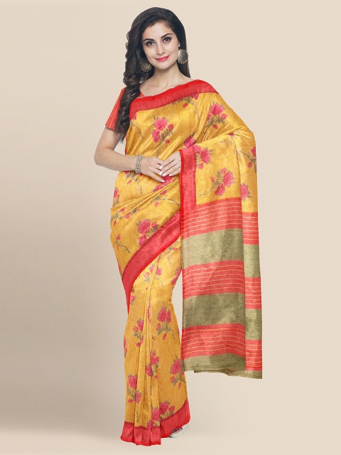 

KLM Fashion Mall Yellow & Red Jute Cotton Printed Banarasi Saree