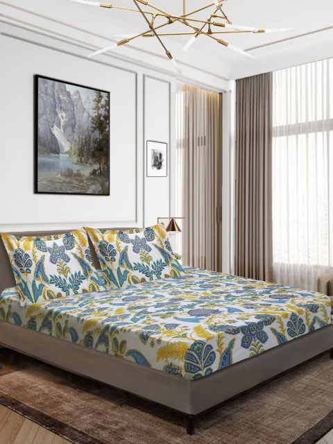 

Aura Off-White & Blue Floral 160 TC Polyester 1 Queen Bedsheet with 2 Pillow Covers