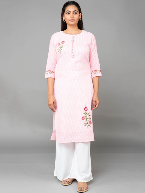 

Klm KLM Fashion Mall Women Pink & White Striped Kurta With Floral Embroidery