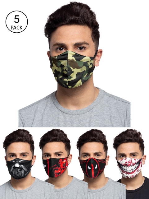 

TREEMODA Men Pack Of 5 Printed 3-Ply Reusable Cloth Masks, Black
