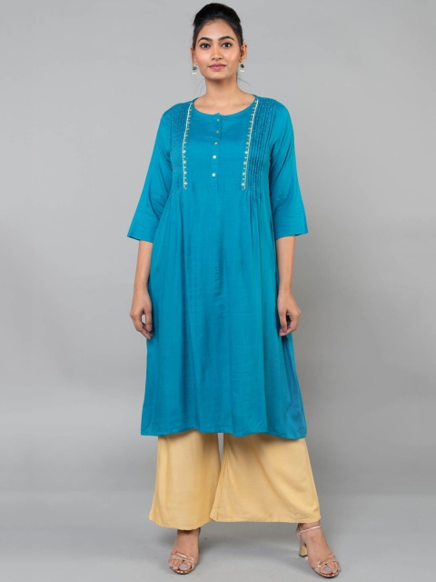 

Klm fashion mall Women Teal Blue Embroidered A-Line Kurta