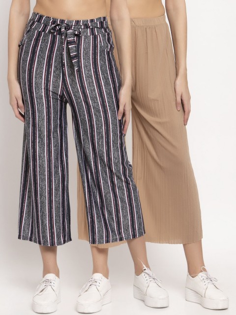 

KLOTTHE Women Pack of 2 Grey & Navy Blue Striped Wide Leg Palazzos