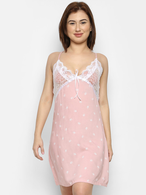 

Ms.Lingies Pink & White Lace Printed Baby Doll With G-String Panty