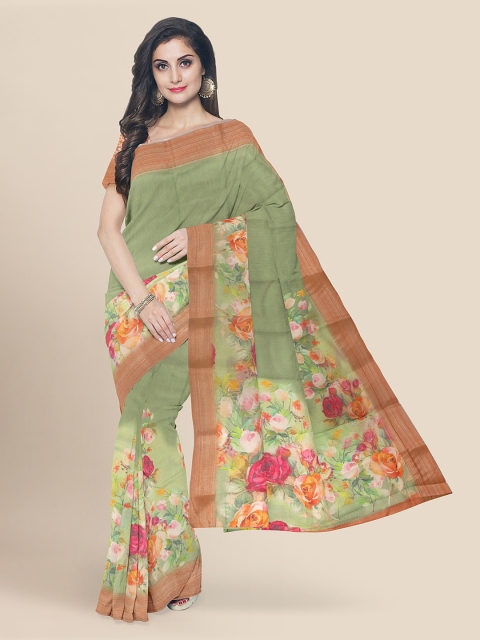 

KLM Fashion Mall Olive Green Cotton Blend Floral Printed Banarasi Saree