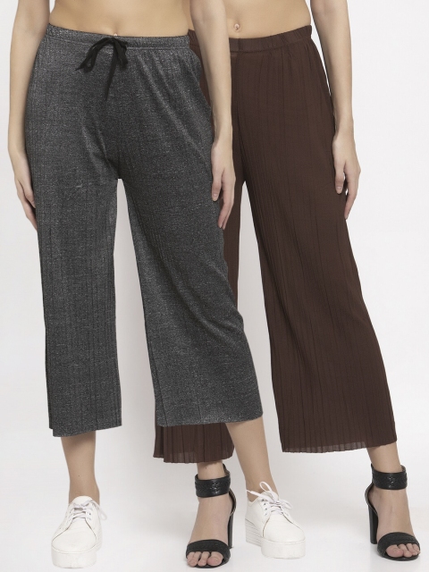 

KLOTTHE Women Pack Of 2 Wide Leg Palazzos, Brown