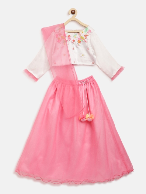

Nauti Nati Girls Pink & White Embroidered Ready to Wear Lehenga & Blouse with Dupatta