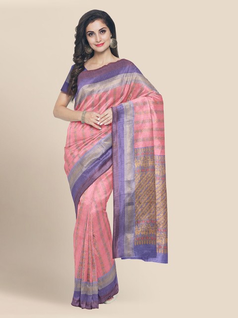 

KLM Fashion Mall Coral Cotton Blend Striped Banarasi Saree
