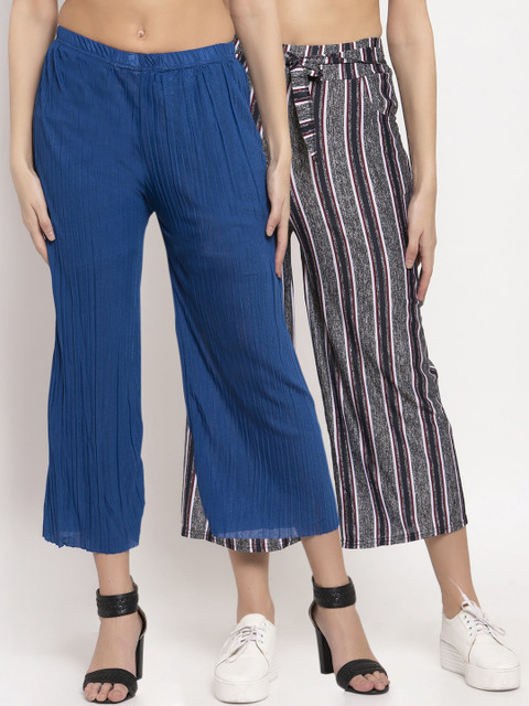 

KLOTTHE Women Pack of 2 Blue & Grey Striped Wide Leg Palazzos