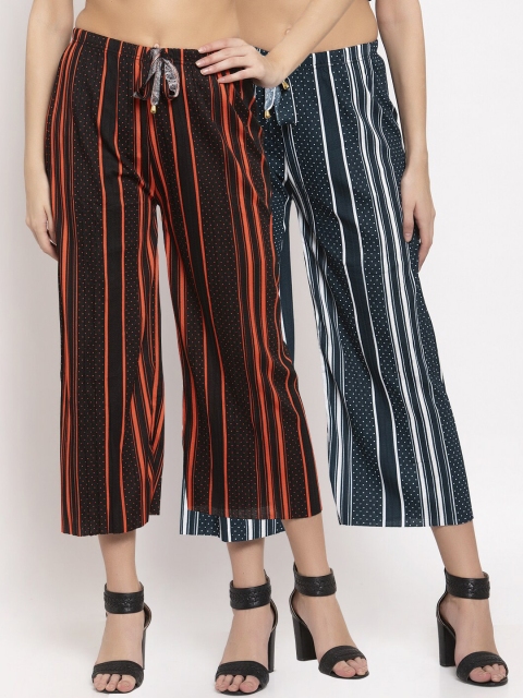 KLOTTHE Women Pack Of 2 Wide Leg Striped Palazzos, Black