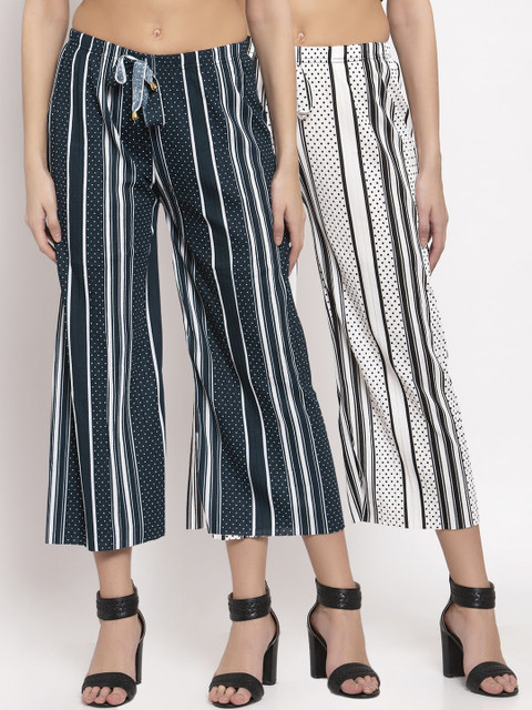 

KLOTTHE Women Pack of 2 Multicoloured Striped Wide Leg Palazzos, Multi