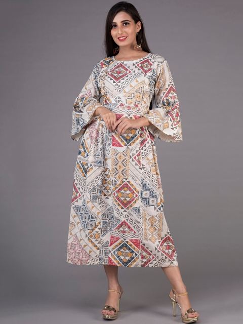 

KLM Fashion Mall Women Cream-Coloured Printed Fit and Flare Dress
