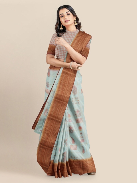 

KLM Fashion Mall Turquoise Blue Silk Blend Printed Banarasi Saree