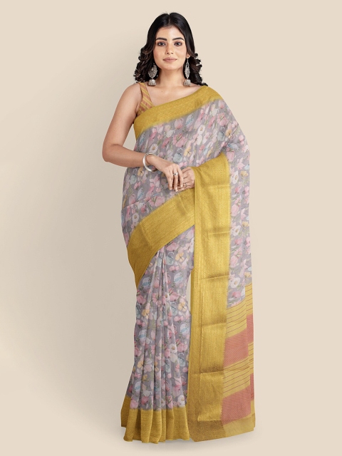 

KLM Fashion Mall Grey Cotton Blend Printed Banarasi Saree