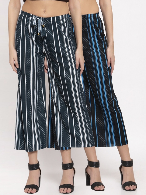 

KLOTTHE Women Black & Blue Striped Wide Leg Palazzos Set of 2