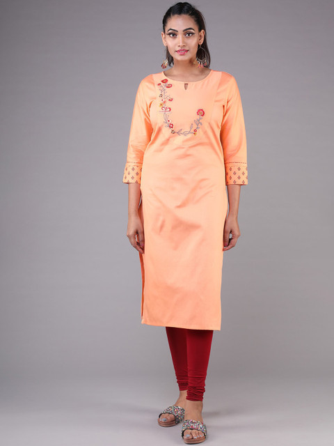 

KLM Fashion Mall Women Orange Floral Embroidered Key Hole Neck Kurta