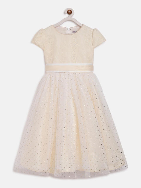 

Butterfly Blush Girls Beige Self Design Fit and Flare Dress