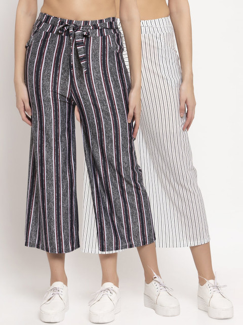 

KLOTTHE Women Pack of 2 White & Grey Striped Wide Leg Palazzos