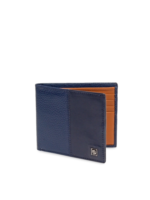 Carlton London Men Navy Blue & Brown Textured Leather RFID Two Fold Wallet