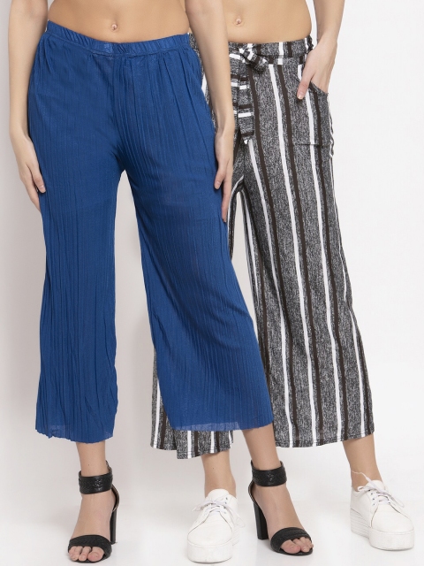 

KLOTTHE Women Pack Of 2 Grey & Blue Striped Wide Leg Cropped Palazzos