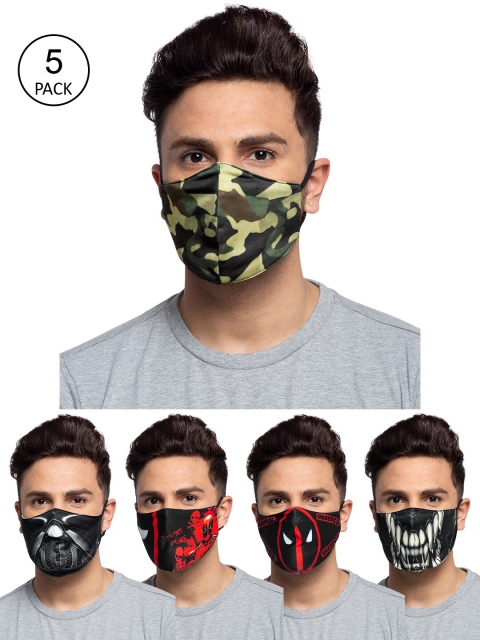 

TREEMODA Men Pack Of 5 Printed 3-Ply Reusable Cloth Masks, Black