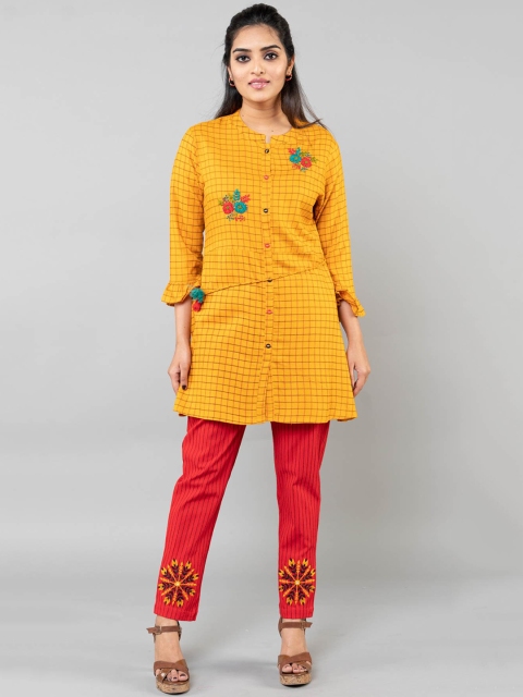

KLM Fashion Mall Women Yellow Embroidered Kurti with Trousers