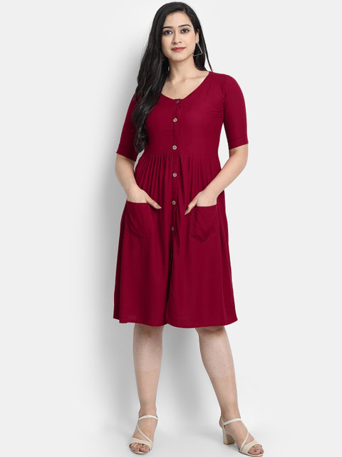 

Globon Impex Women Maroon Solid Fit and Flare Dress