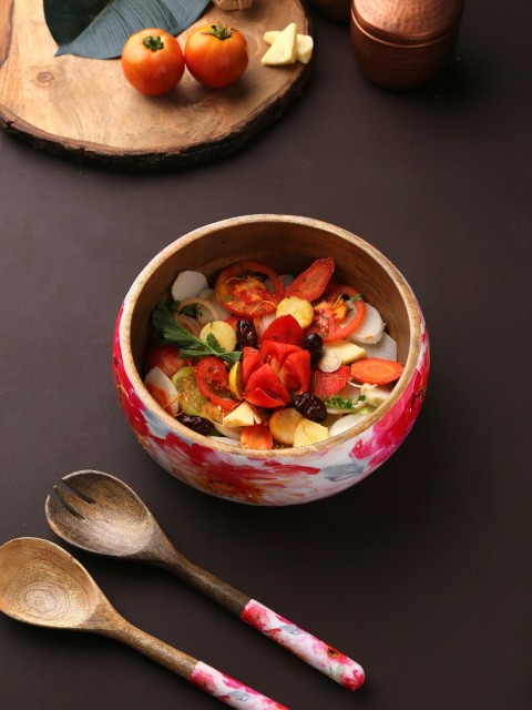 

Amoliconcepts Red & White Printed Enamelled Sustainable Wood Salad Bowl