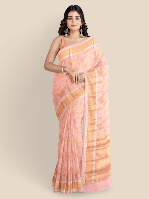 KLM Fashion Mall Pink & Gold-Toned Silk Cotton Woven Design Banarasi Saree