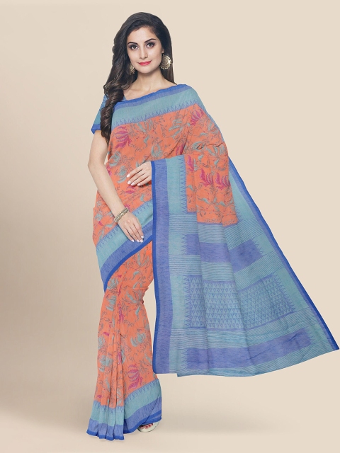 

KLM Fashion Mall Coral & Blue Jute Cotton Printed Banarasi Saree