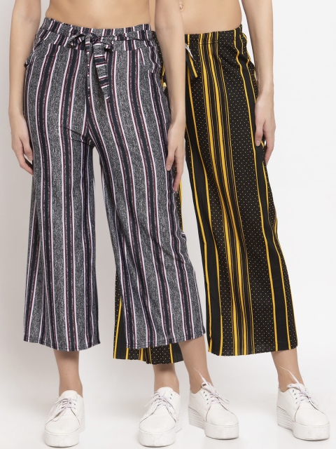 KLOTTHE Women Pack of 2 Striped Wide Leg Palazzos, Black