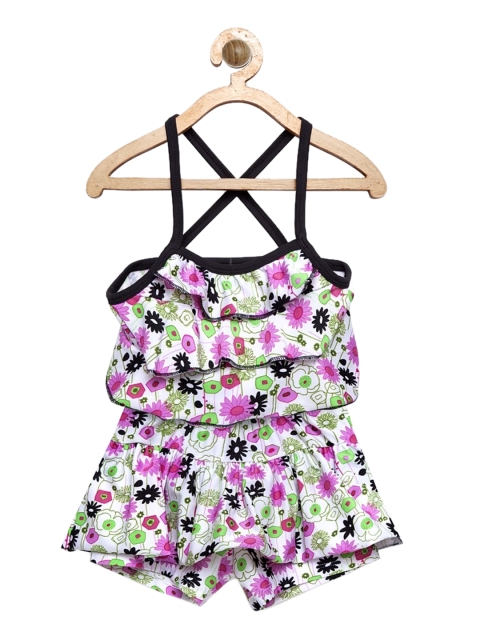 

CUKOO Girls White & Purple Floral Printed Two-Piece Swim Set