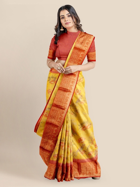 

KLM Fashion Mall Yellow Silk Blend Printed Banarasi Saree