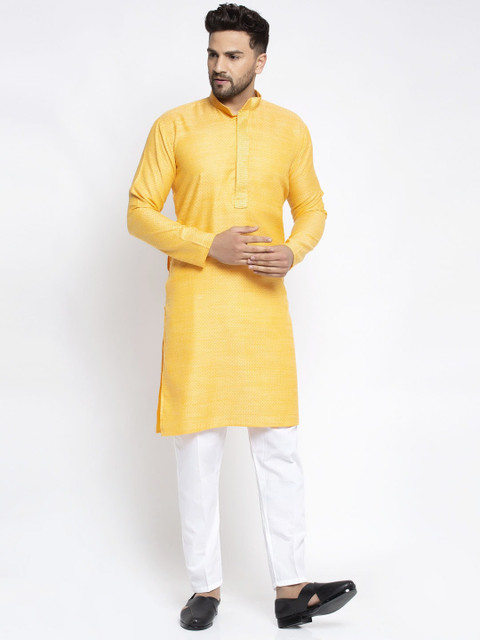 

Jompers Men Yellow & Off-White Woven Design Kurta with Pyjamas