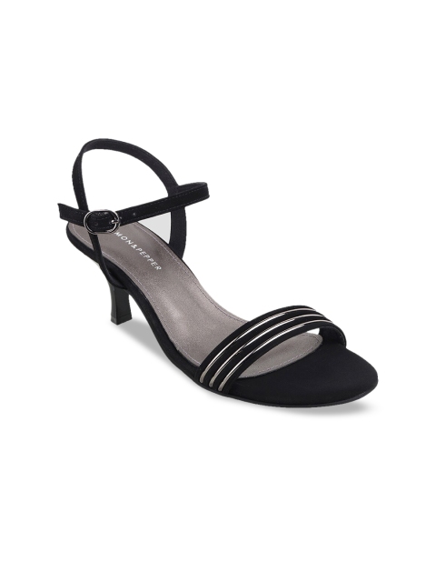 

LEMON & PEPPER Women Black & Silver-Toned Striped Velvet Kitten Heels