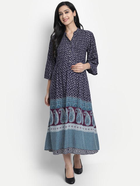 

Aaruvi Ruchi Verma Women Navy Blue & White Floral Printed Maternity A-Line Dress
