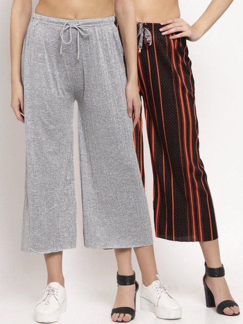 

KLOTTHE Women Pack Of 2 Wide Leg Palazzos, Grey melange